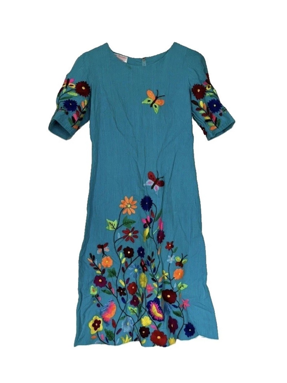 Vtg Bordados Mexicanos Dress Embroidered Floral Butterfly Small Made In Mexico